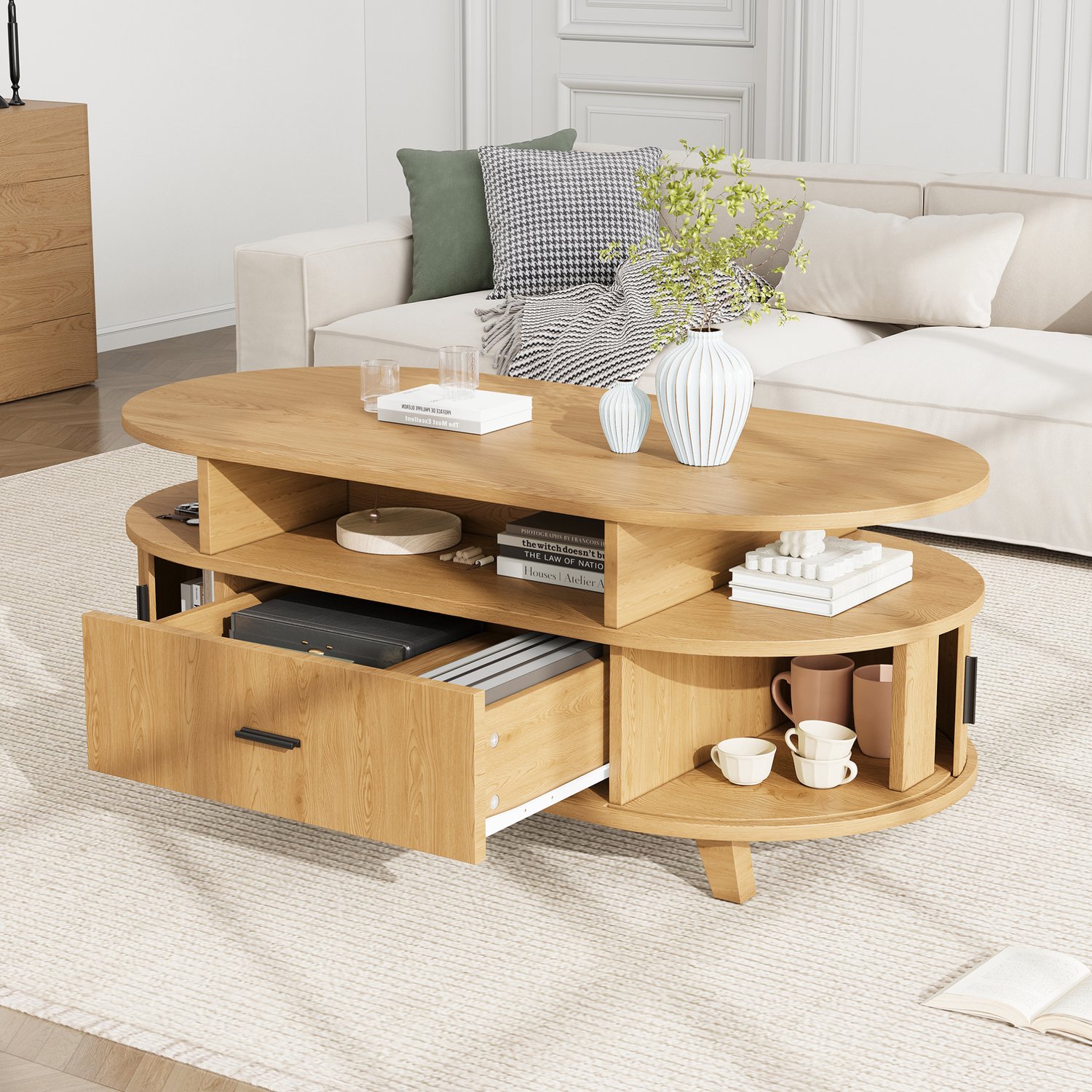 MODENUIT Salontafel - Ovaal Met Lade En Twee Roldeuren - Voor Woonkamer - MDF En Spaanplaat - 100x50x40 Cm Natuurlijke houtkleur