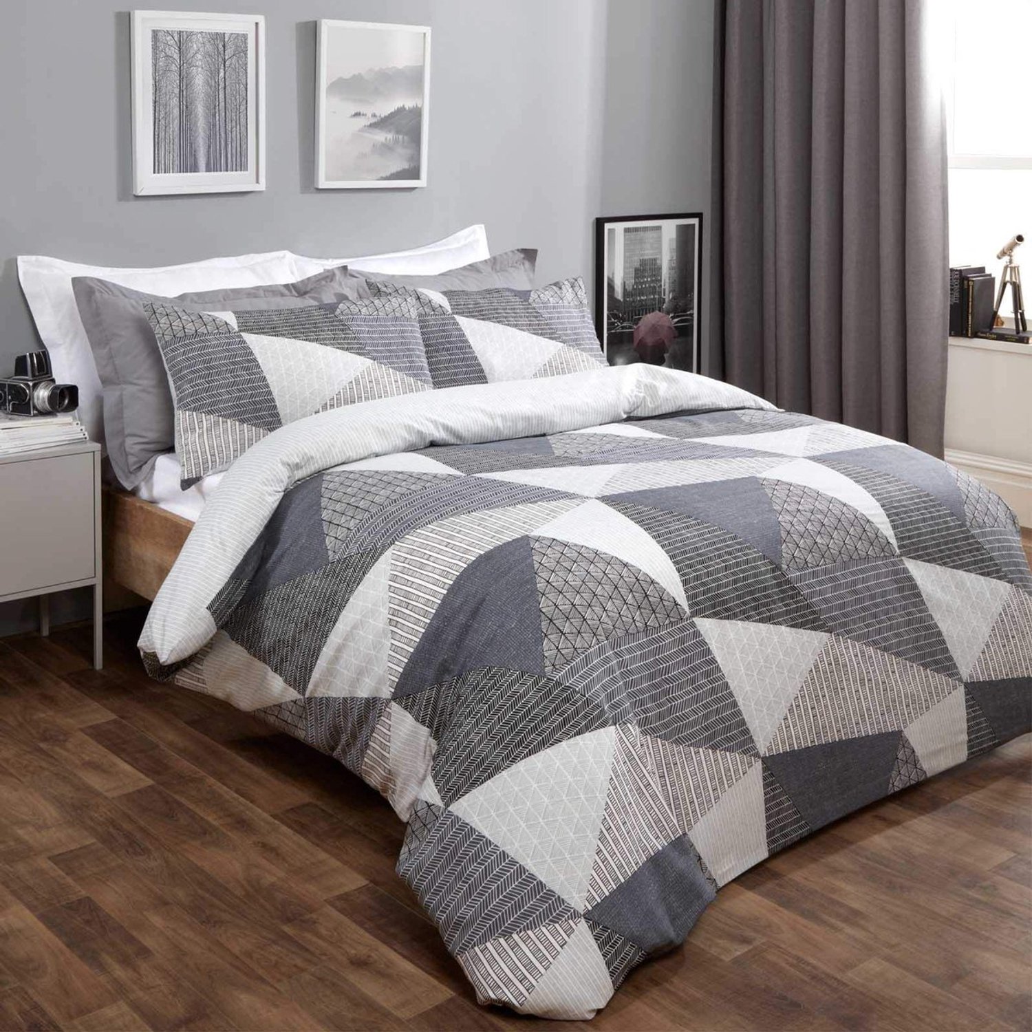 Duraxl Dekbedovertrek - Geometrisch patroon - 230 x 220 cm - Zwart, houtskool en grijs