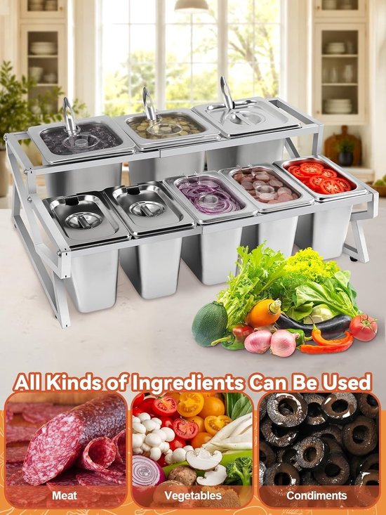 8 Pans Pizza Topping Station - Verstelbare Pizza Opslagcontainer met Deksel voor Sauzen, Jam en Fruit - Perfect voor Restaurants en Buffetten — afbeelding 4