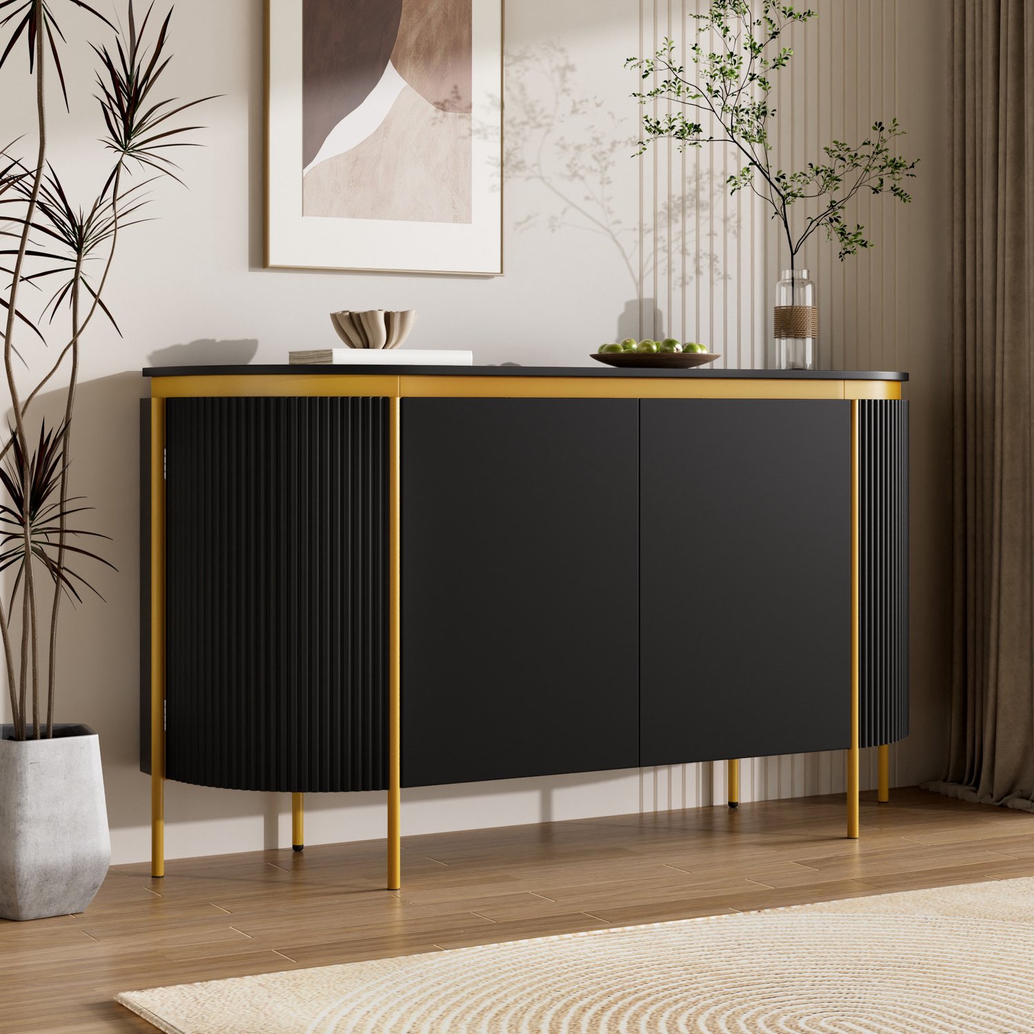 REDOM Dressoir 140 cm breed - 4 greeploze deuren, legplank en kabeldoorvoer - Zwart Zwart, goudkleurig