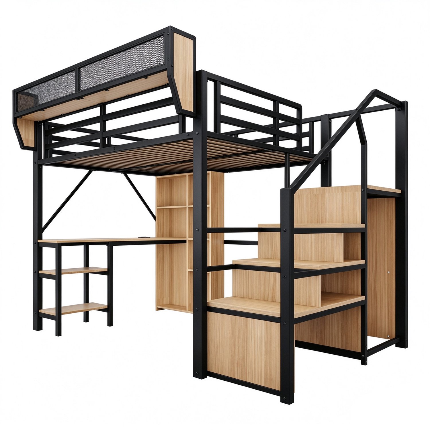 MUVANO Hoogslaper 140x200 met bureau - Opbergtrap en boekenkast - Metalen bed met lattenbodem - Ledverlichting en stopcontact - Voor tienerkamer Zwart