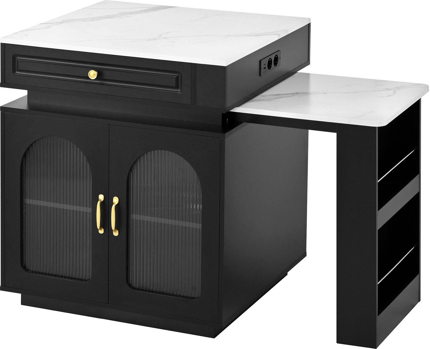 MUVANO Zwart keukeneiland op wielen – uitschuifbare eettafel voor 2 tot 4 personen, met LED-verlichting, stopcontacten en opbergruimte, 128–200 cm