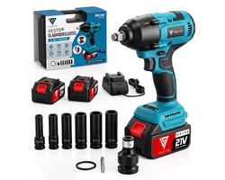 Vesto® Accu Slagmoersleutel 21V - incl. 6x Moerdoppen, Bitadapter, Borging en 2x Accu - 600Nm - Slagmoersleutelset - Slagmoersleutel met accu - Elektrisch - Slagschroevendraaier - Wieldoppen