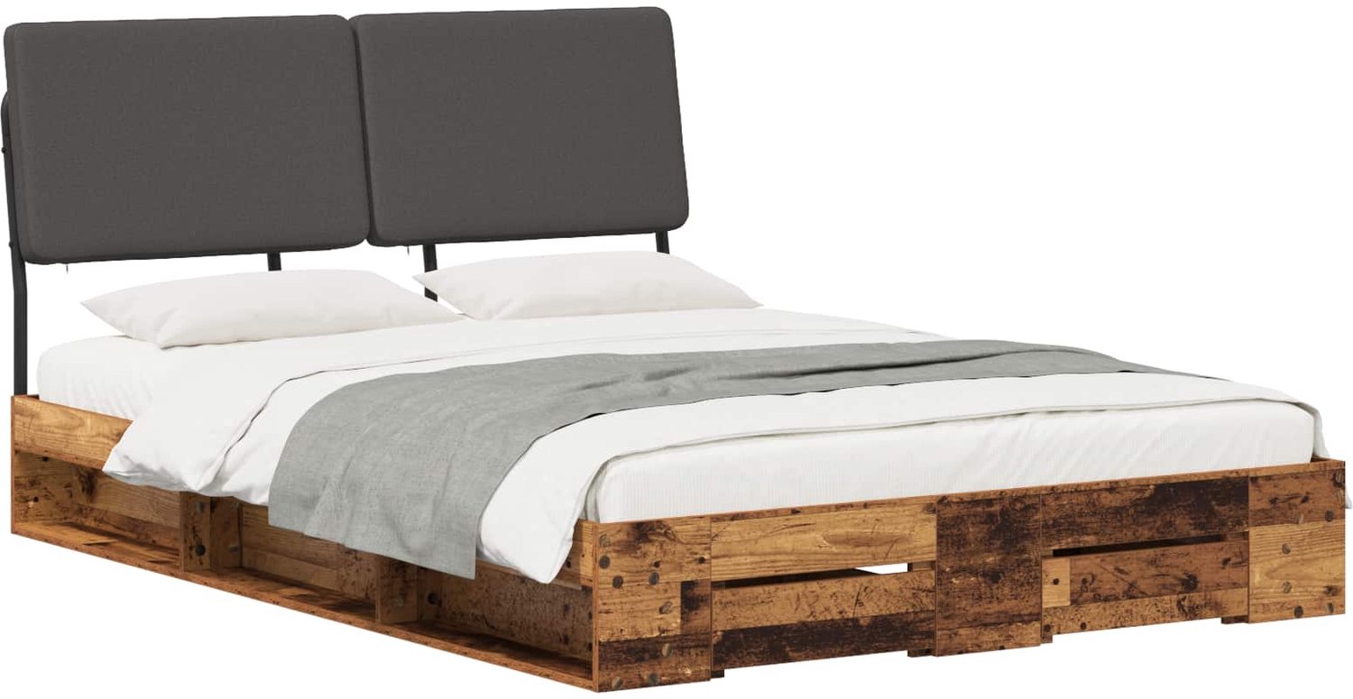 vidaXL Double - Bed - with - Headboard - Oud - hout - en - donkergrijs - 120 - x - 190 - cm