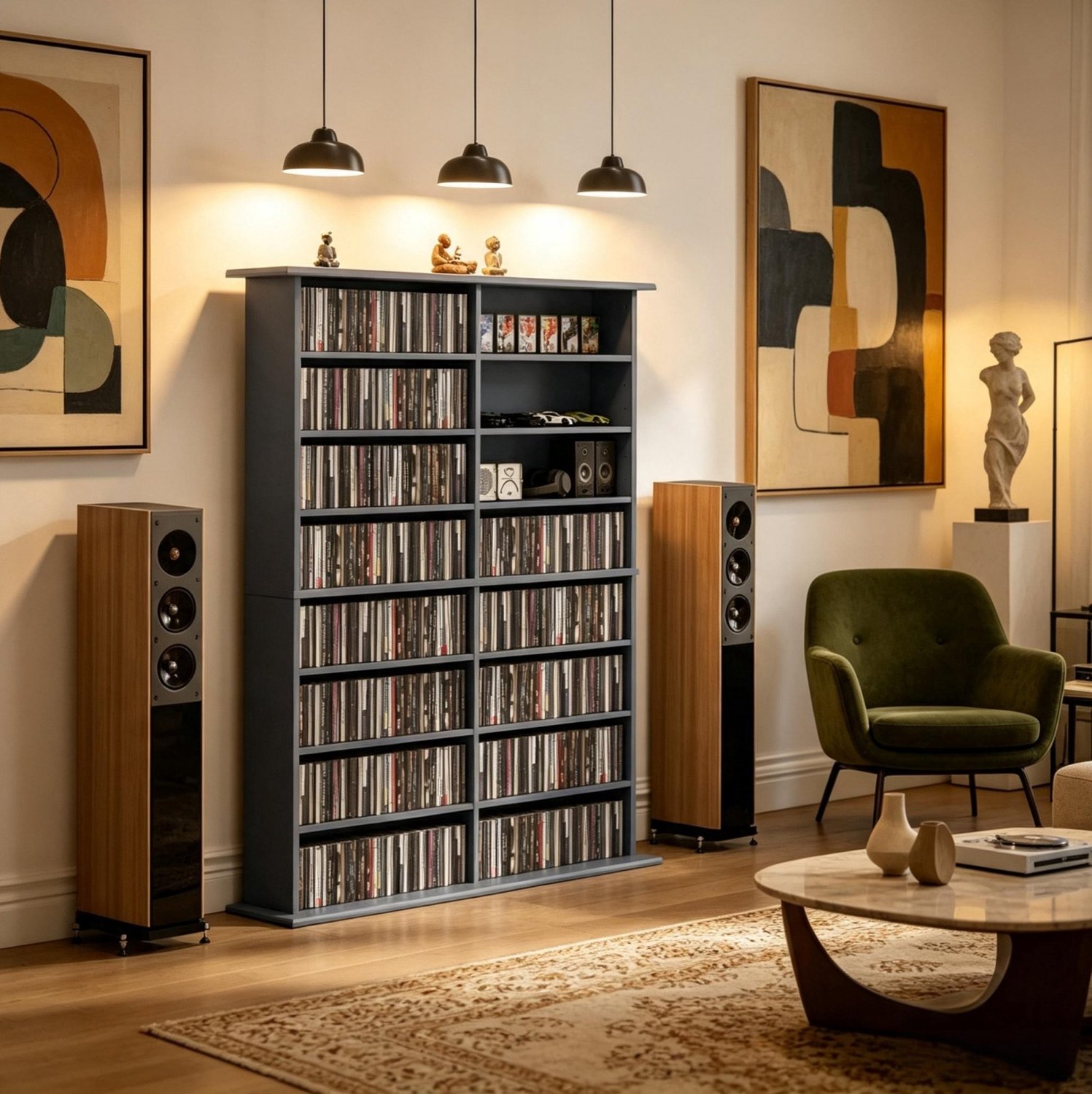 DESMIU Cd- en Dvd-Opbergkast - 16 Vakken en 12 Verstelbare Planken - Voor Cd's, Dvd's en Blu-rays - Spaanplaat - Grijs - 106,5x24x126,3 cm