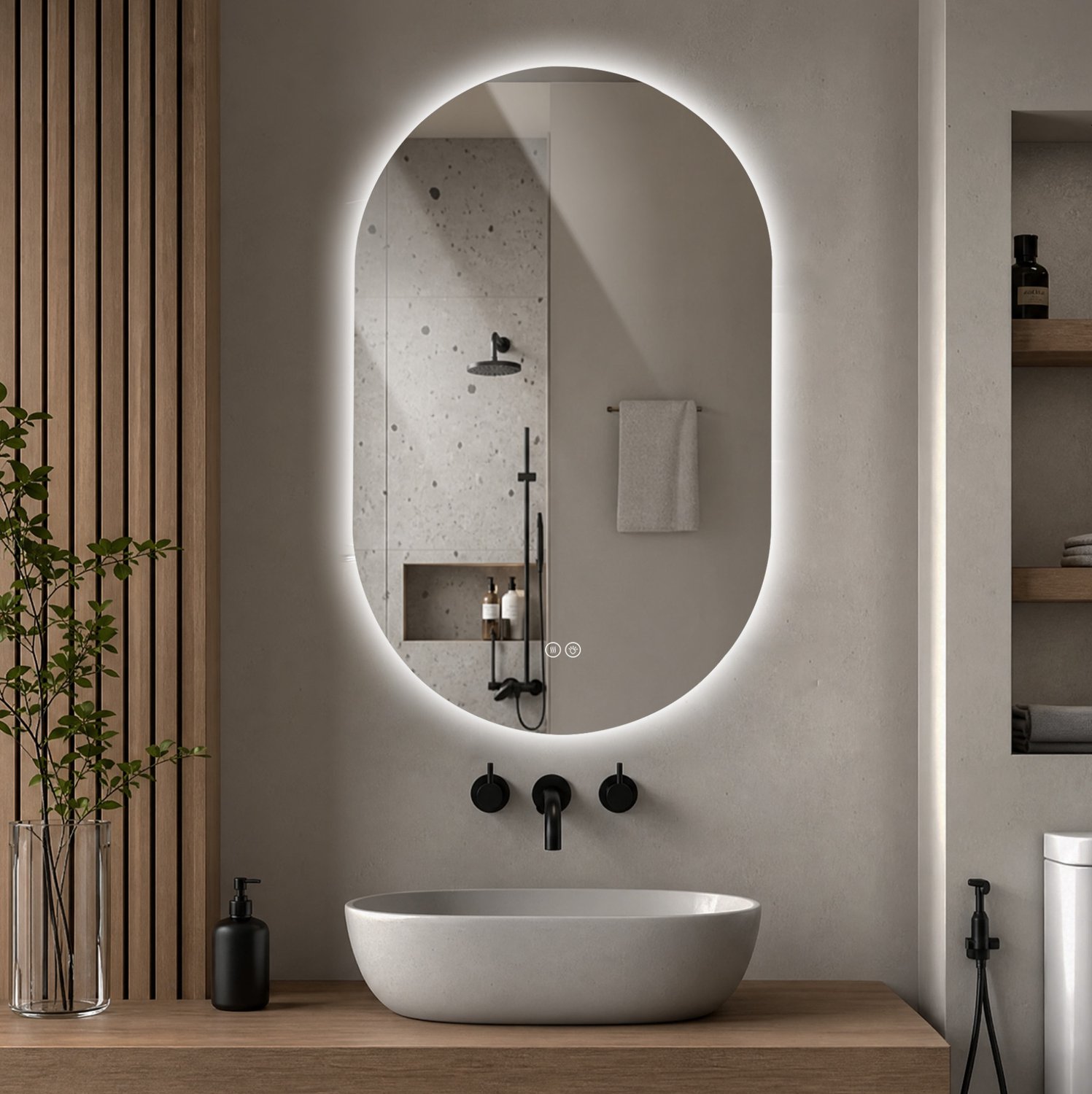 Wishdor LED-badkamerspiegel - Capsulevorm zonder lijst - Drie lichtkleuren, traploos dimbaar en anticondens - Moderne badkamer en gastentoilet - Gehard glas - Zilver - 90 x 60 x 3 cm
