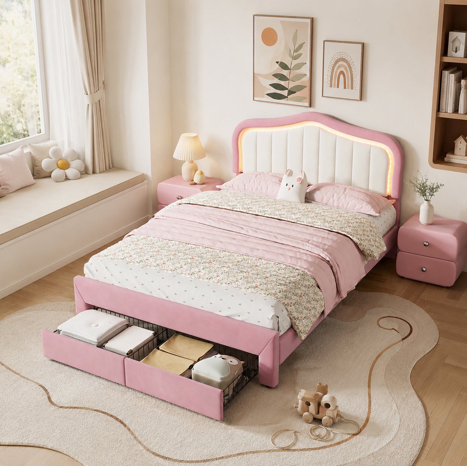 MODFU Kinderbed - 2 Bedladen - LED-Verlichting Met App-Bediening - Fluweel - Roze - 140 X 200 Cm