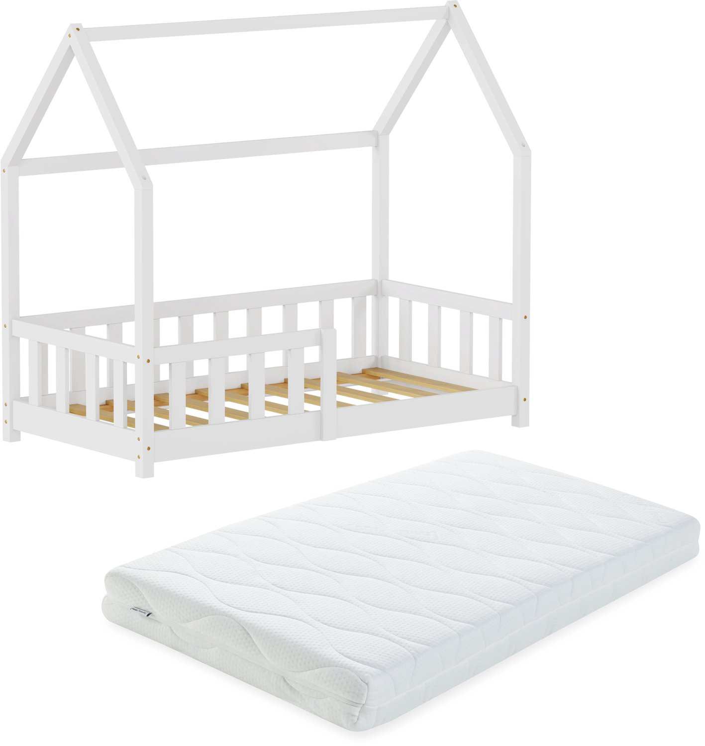 en.casa Montessori bed Hesel met valbeveiliging en matras 70x140 cm wit [en.casa]