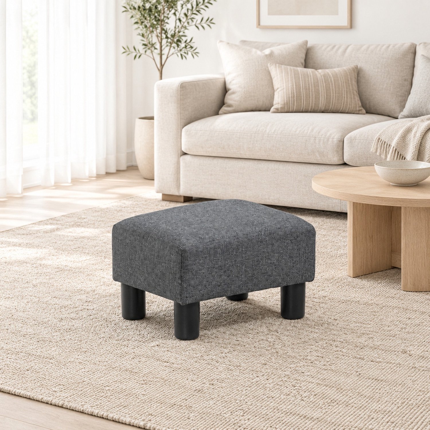 DESMIU Voetenbankje 40 x 30 x 24 cm - Gestoffeerd Met Linnenlook en 24D-Schuim - Voor Woonkamer en Slaapkamer - Stof en Hout - Donkergrijs