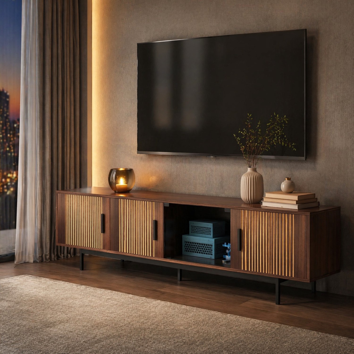Maisentiel Tv-meubel met ledlichtstrip en open vak - walnootbruin/zwart - 200 x 35 x 53 cm