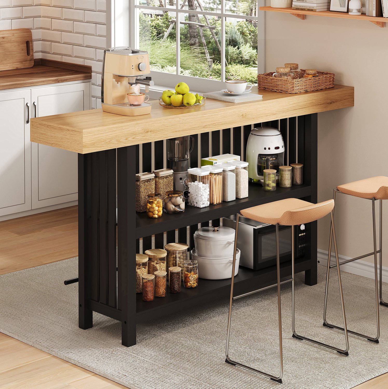 DESMIU Bartafel - Met Voetensteun En Tweelaags Opbergrek - Voor Keuken En Eethoek - MDF - Zwart Met Houtlook - 160 x 40 x 105 cm
