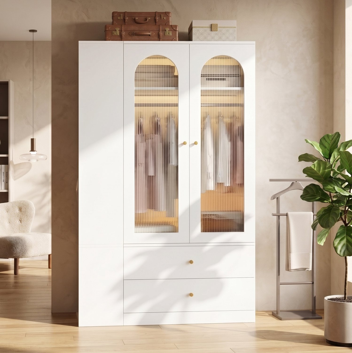 HAUSS SPOLE Kledingkast - 2 Deuren Met Geribbeld Glas En 4 Lades - Voor Slaapkamer En Kinderkamer - MDF, Staal En Glas - 120x50x200 Cm - Wit