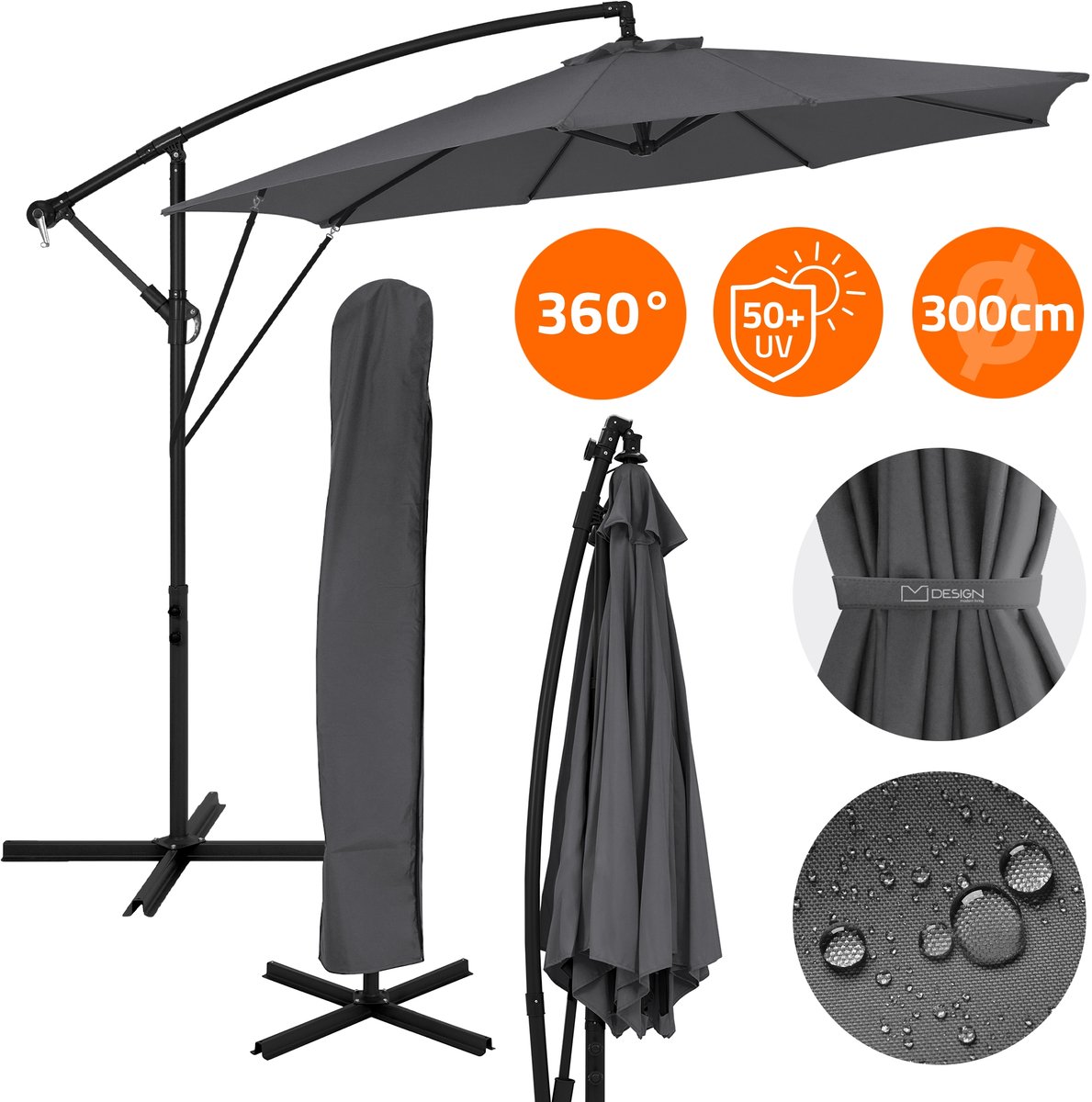 Ampel parasol Ø 300 cm antraciet 360° aluminium parasol met zwengel, hoes & staander ML-Design