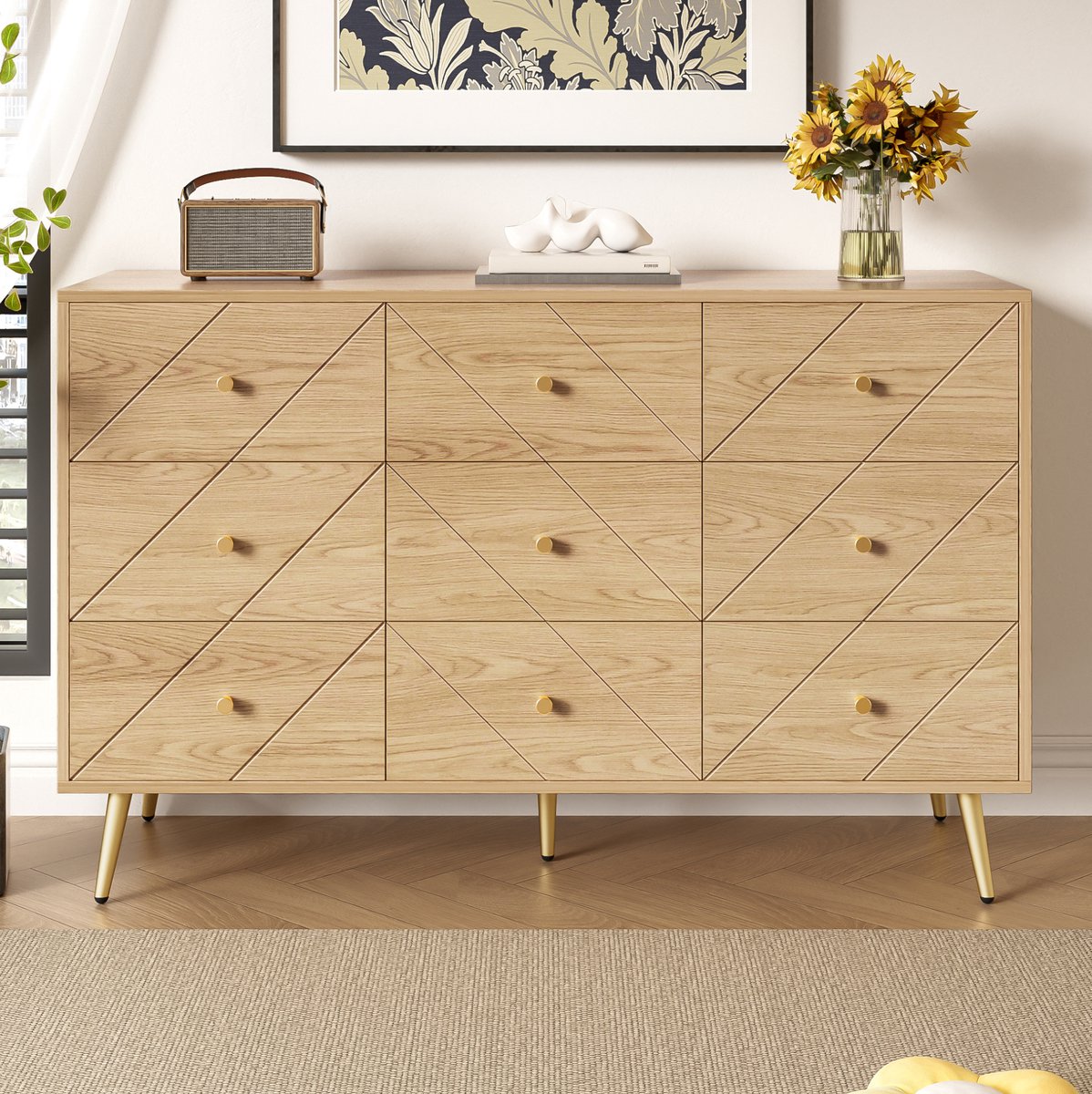 WUVRIE Ladekast 120 x 39 x 80 cm - 9 lades met geometrisch front - Naturel