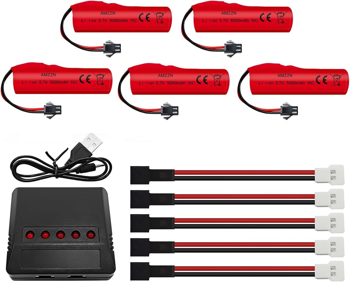 Pack of 5 3.7 V 3000 mAh Lithium Ion Batteries with SM-2P Plug and 5-in-1 Charger, Suitable for DE42, DE44, DE45, DE68 - ShopVlot