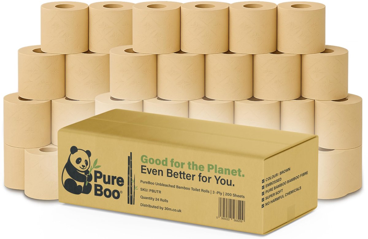 Pure Boo® Ongebleekte bamboe toiletrollen - 24 stuks - 3-laags, 200 vellen per rol - ShopVlot