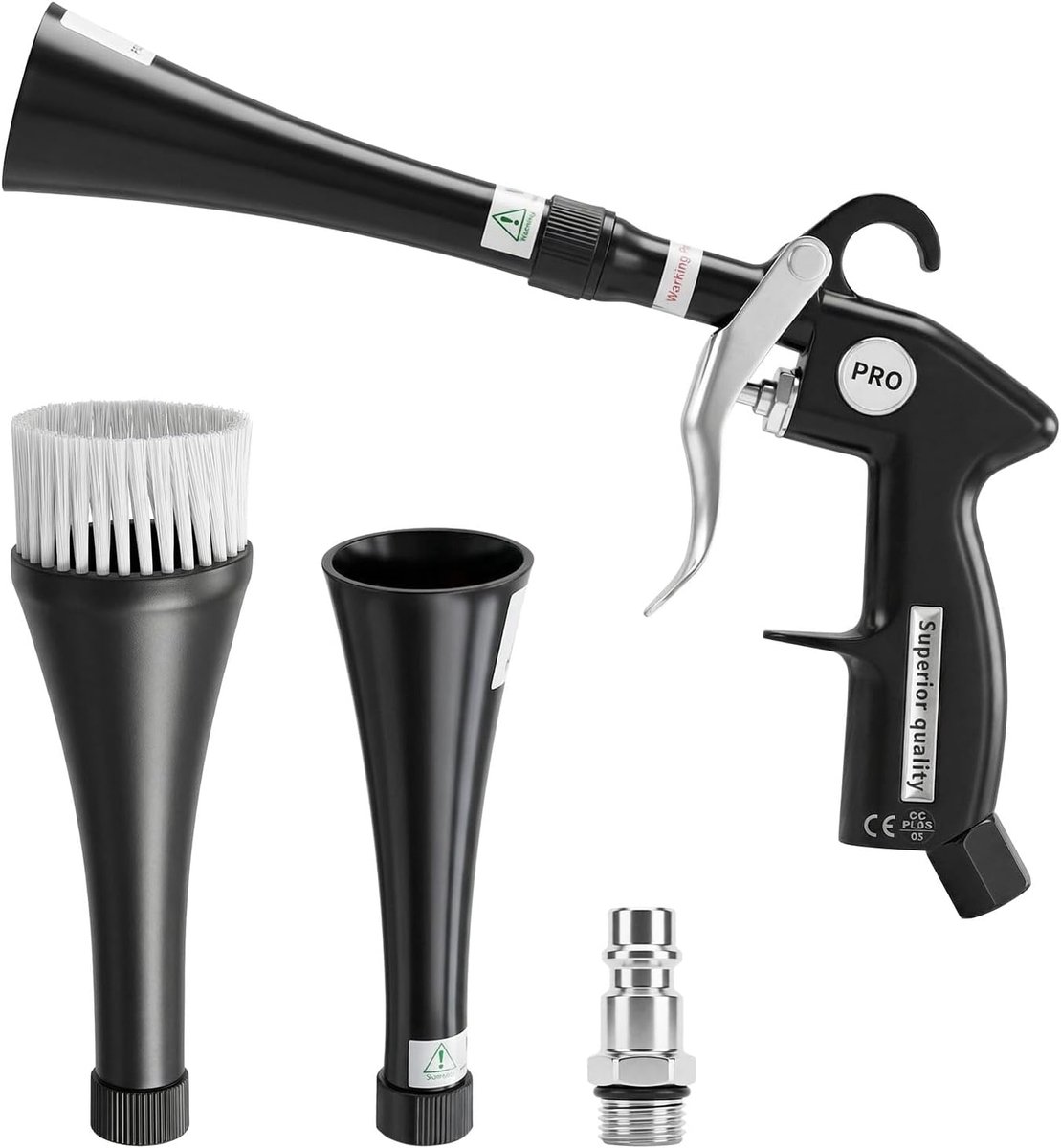 persluchtreinigingspistool voor auto, droogblaaspistool met borstelopzet, 360° draaibaar mondstuk, aluminium - ShopVlot