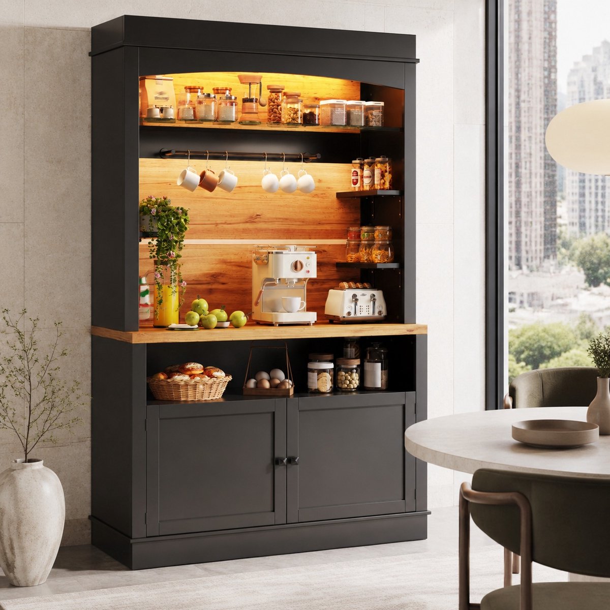 WUVRIE - Keukenkast 107x43x184 cm - LED-verlichting, open vakken en 2 deuren - Zwart