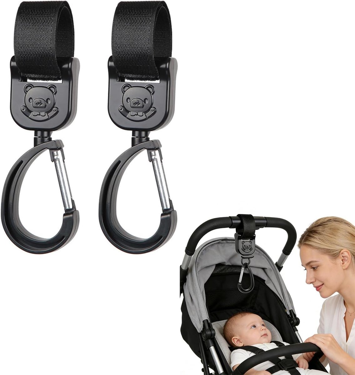 Set van 2 universele haken voor kinderwagens in zwart met berenmotief, haken voor kinderwagen, praktisch voor het - ShopVlot