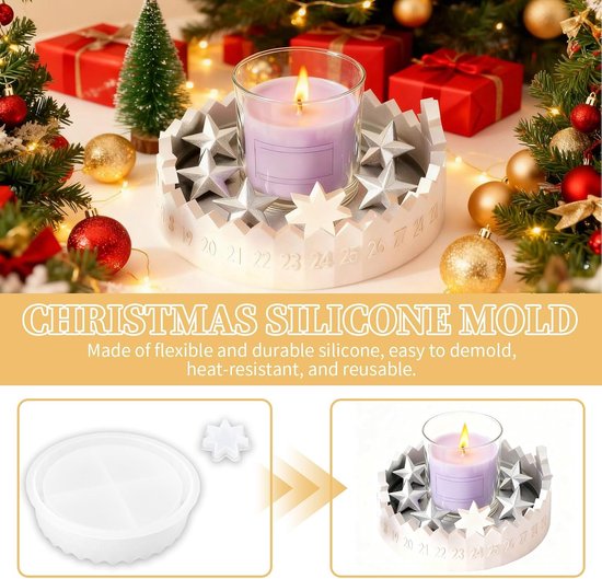 Mallenset voor kerstversiering – Adventskalender siliconen mal (cijfers 1-31) + stermal, zelfgemaakte kaarsenhouders & kerstversiering voor epoxyhars, gips & zeep — afbeelding 4
