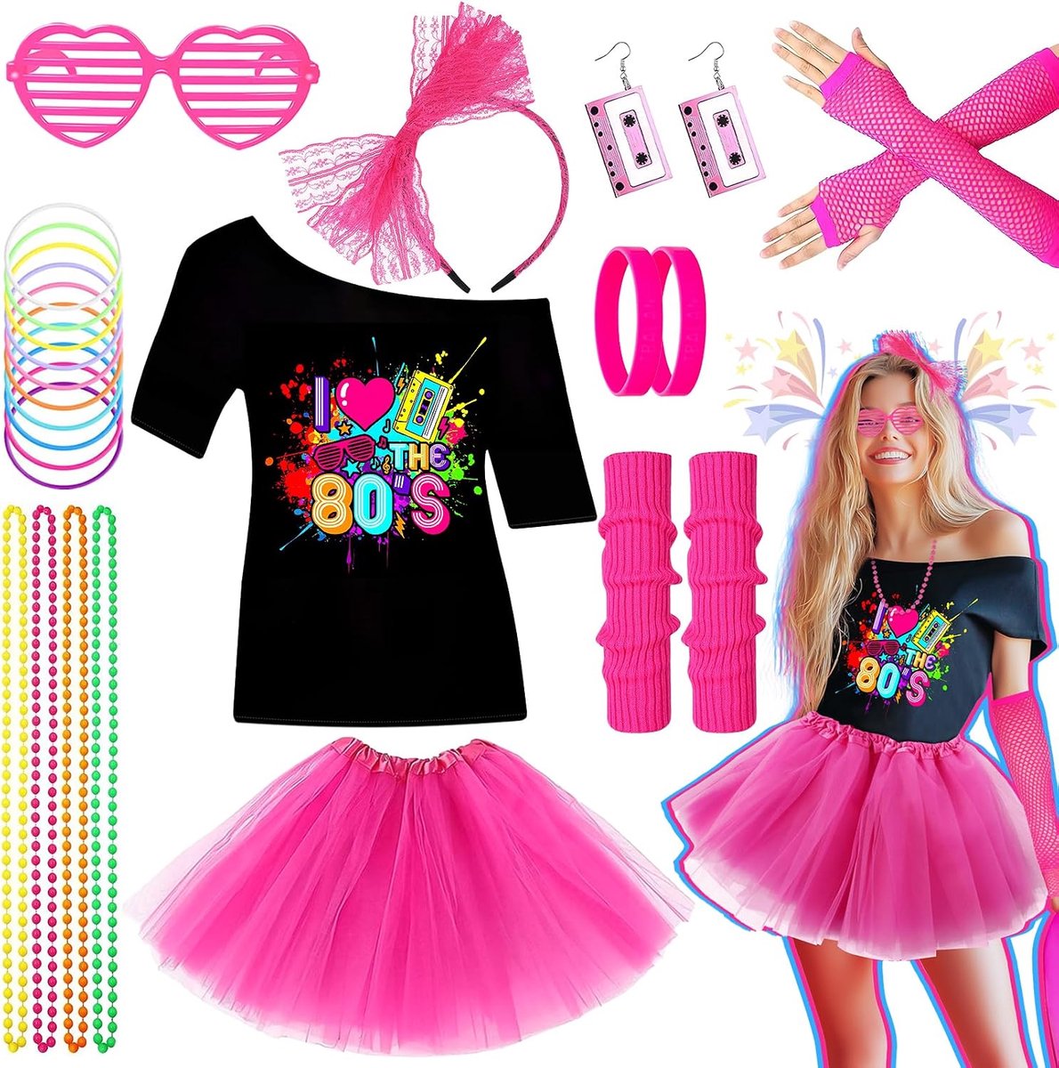 80-outfit voor dames, met T-shirt, tutu, handschoenen, manchetten, hoofdband, bril, oorbellen, halsketting, armband voor carnaval en themafeest