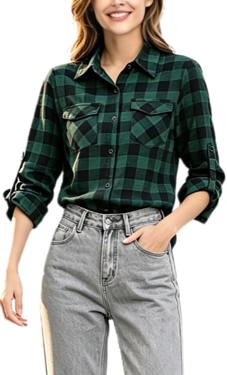 Geruit overhemd voor dames,100% katoenen blouse met lange mouwen, ongedwongen geruite overhemden met knoopsluiting, basic tops