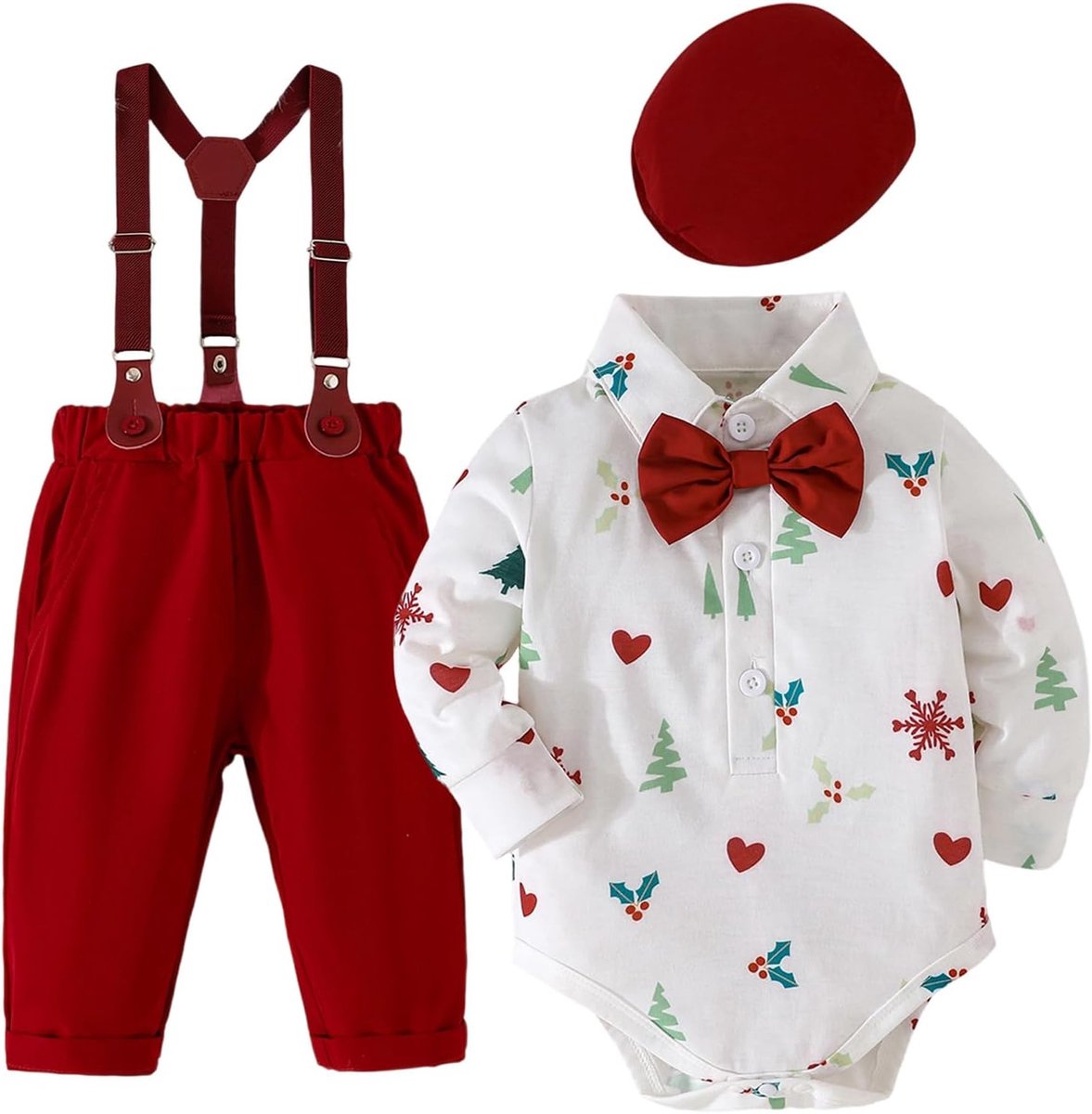 Kerstpak voor pasgeborenen, formele jurken voor kleine kinderen, 4-delige set voor heren, body, vlinderdas, hoed en bretels
