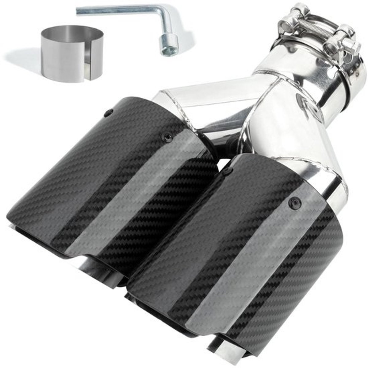 Dailygoods - Catekro 63 mm Uitlaatpijp Universeel, Roestvrij Stalen & Koolstofvezel Uitlaateindstuk Sportieve Uitlaatpijp met Bouten en Sleutel (Dubbele Uitlaat, Zilver-Zwart Glanzend)