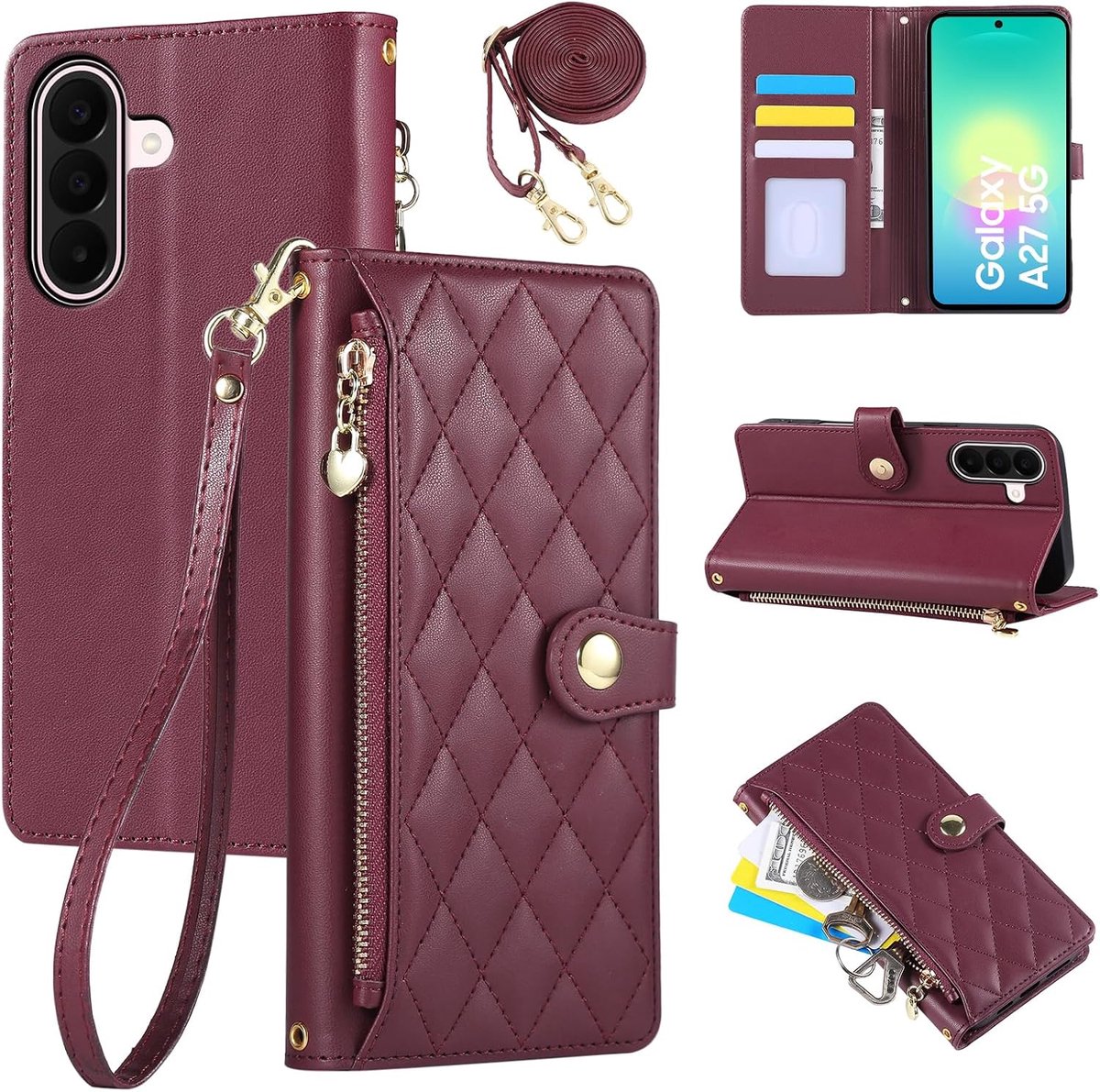 Telefoonhoesje voor Samsung Galaxy A27 5G, hoes met schouderriem en standfunctie, premium PU-leren portemonnee, klaphoes met kaarthouder, beschermhoes, compatibel met Galaxy A27 5G, rood