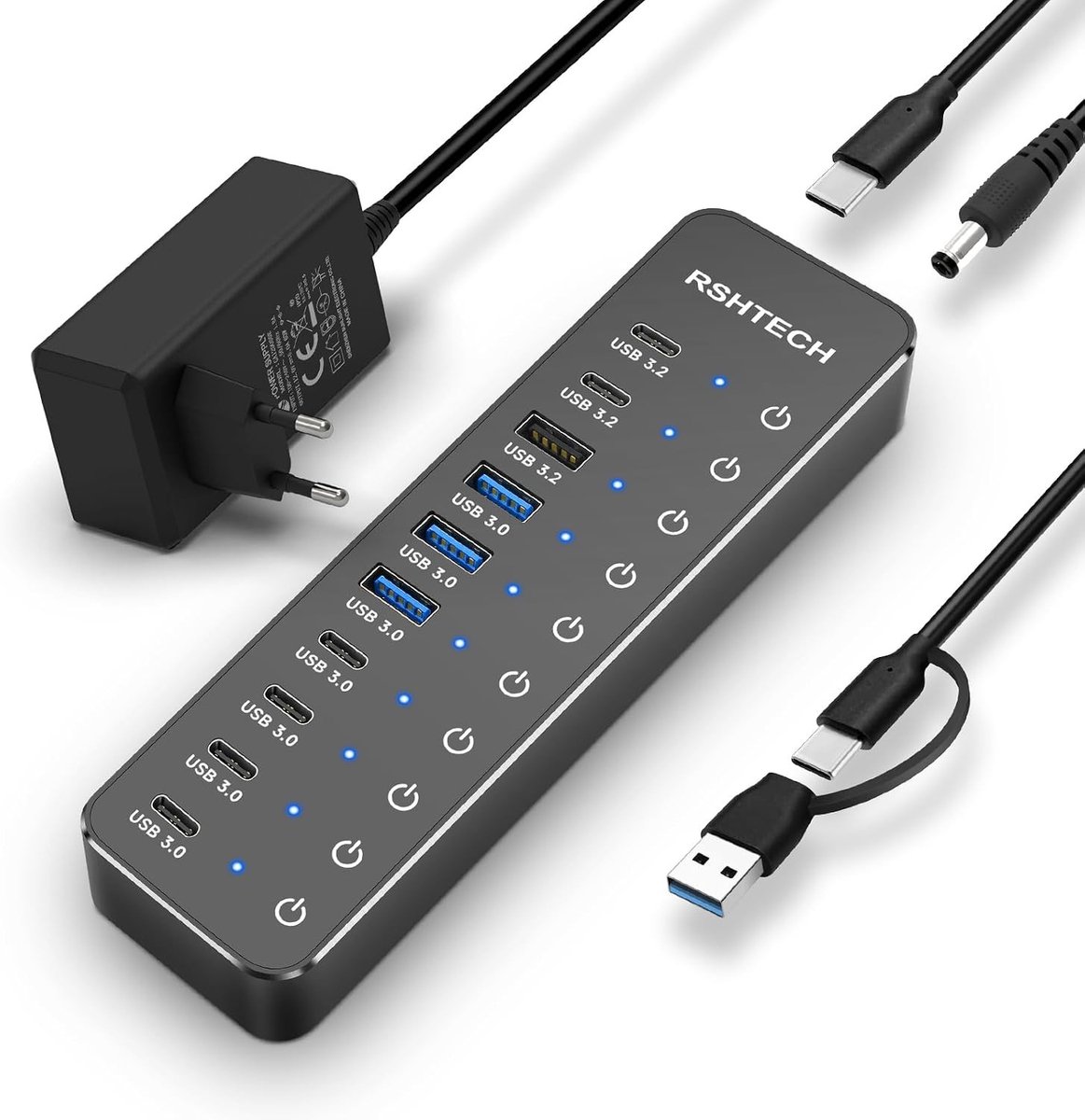 Image of 10-Poorts USB Hub met Voeding, 3.2/USB-C en 3x 10Gbps Datapoorten, 7x 5Gbps 3.0 Poorten, 12V/5A 60W Voeding, Individuele Aanraakbediening en Snelle Gegevensoverdracht