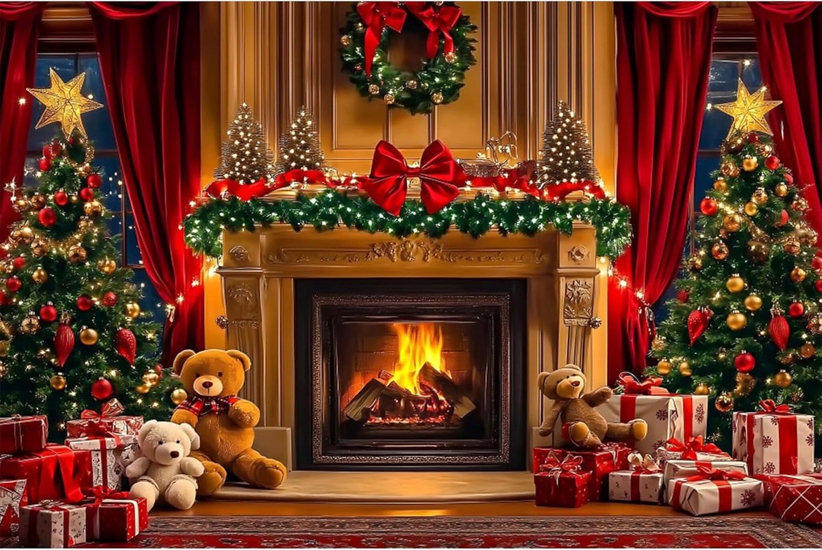 3 x 2,5 m kerstachtergrond met open haard, brandhout, kerstdecoratie