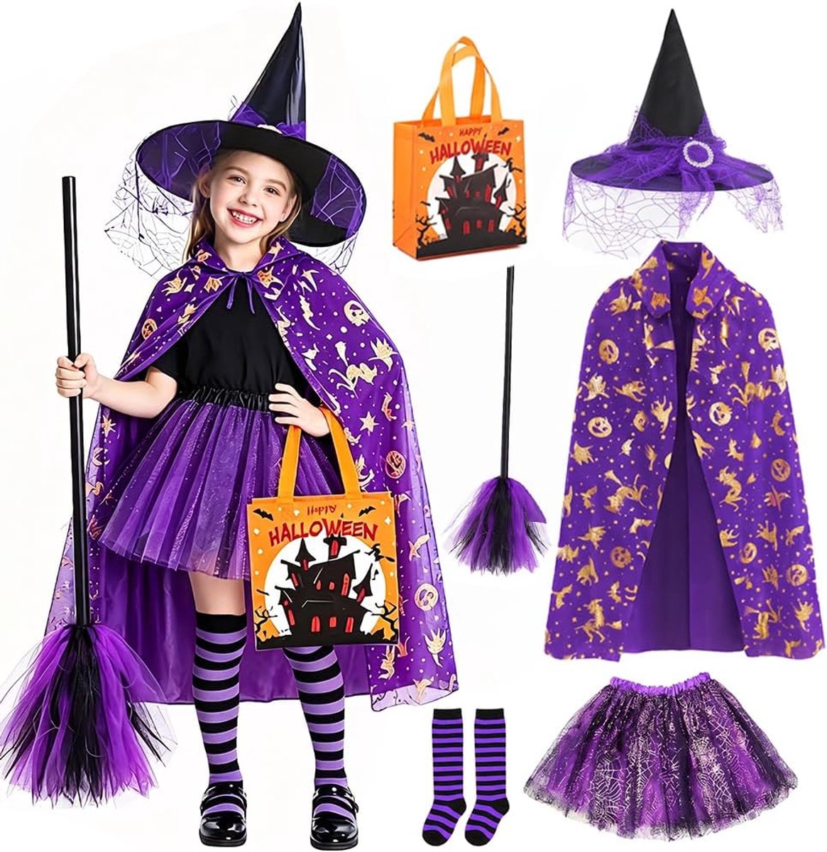 Heksenkostuum voor kinderen, Halloween-heksenkostuum voor meisjes, heksenverkleedset met tutu, cape, hoed, bezem en draagtas voor carnaval, Halloween, cosplay, party, podiumprogramma (paars)