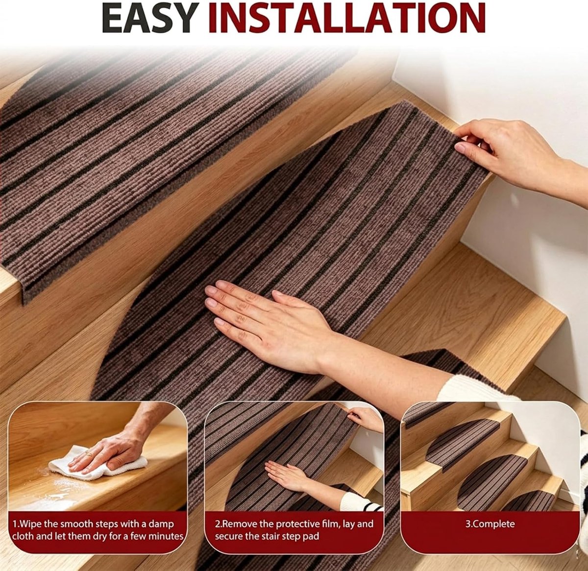Trapmatten, 15 stuks, 60 x 24 cm, antislip trapmatten, zelfklevend voor trappen, halfrond tapijt, trapkussens van polyester met strepenpatroon, trapbescherming voor houten trappen (zwart-bruin)