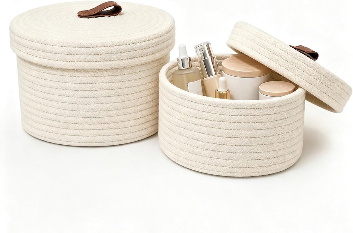 2 stuks opbergmanden, katoenen koord, opbergmand, rond, met deksel, Ø 28 cm, Ø 23 cm, gevlochten handgemaakte organizer voor woonkamer, slaapkamer, kinderkamer, keuken, badkamer, kantoor, beige