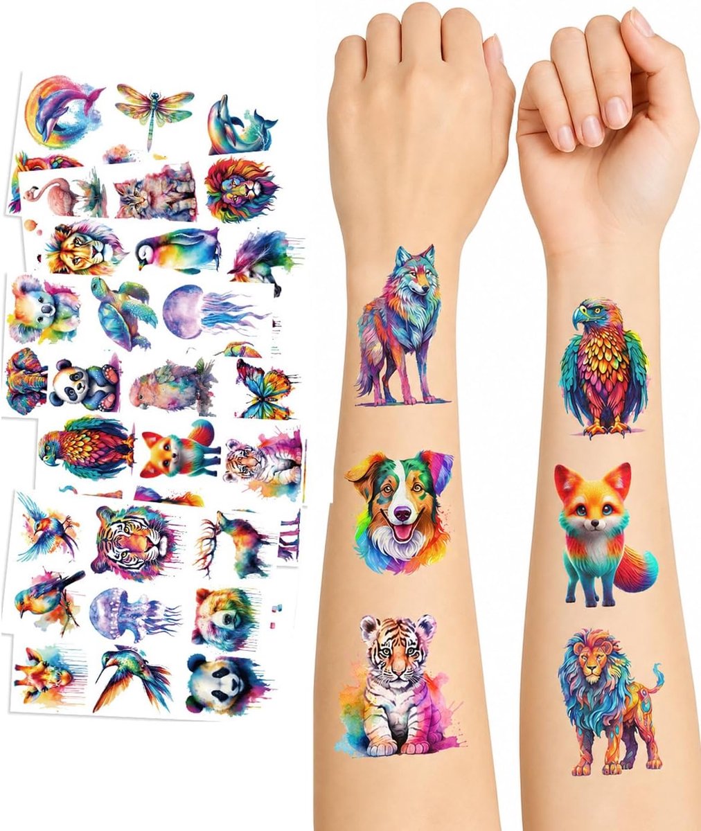 Tattoos voor kinderen, 10 vellen waterverf dieren, kindertatoeages huidvriendelijk, tijdelijke plaktatoeages om op te plakken, cadeautjes voor kinderverjaardag en schoolzakvulling