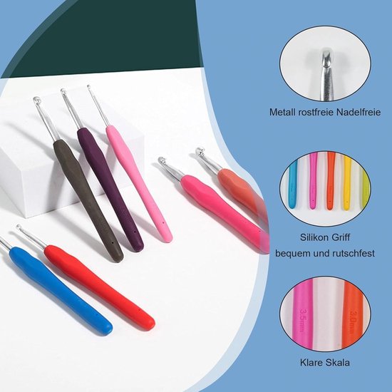 Complete Haaknaalden Set van 9 Stuks 2-6 mm Ergonomisch met Kleurige Haakkoppen en 20 Steekmarkeerders voor Beginners en Gevorderden — afbeelding 5