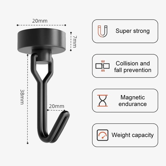 KARELLS 8pcs Black Magnetic Hooks 5kg Magnetic Hooks Black Extra Strong 16mm Rotating Swing, Neodymium Magnet Hooks - ShopVlot — afbeelding 5