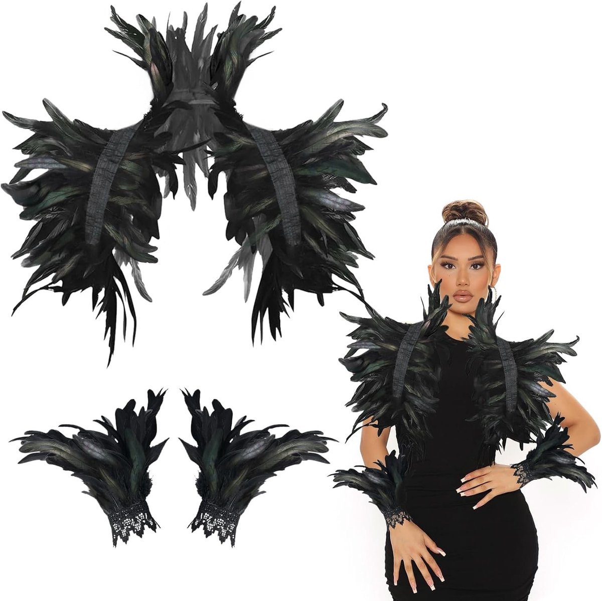 Veerkraag met Veren Manchetten en Verencape voor Dames - Perfect voor Cosplay, Halloween en Carnaval