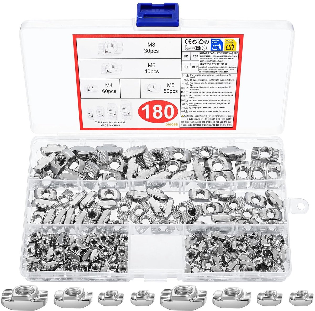 180pcs T-Slotted Nuts Set, M4 M5 M6 M8 Hammer Nuts and Hammer Head Nuts, for 2020 3030 4040 Aluminum Profiles, Black - ShopVlot