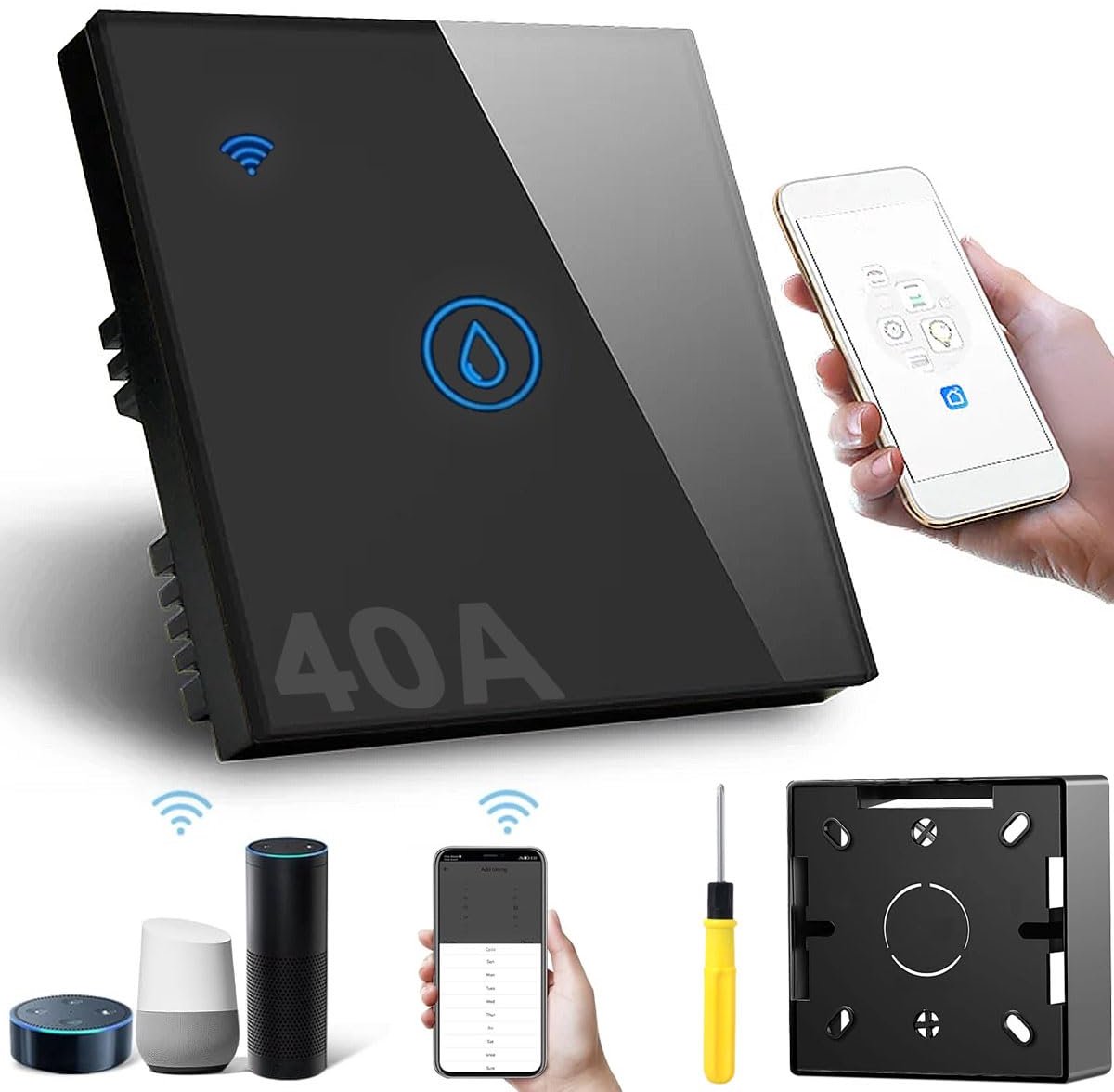Smart Submersible Heating Switch, 40 A, 8000 W, Black, 2.4 G, WiFi, Smart Wall Touch WiFi, Kettle Switch, Works with - ShopVlot