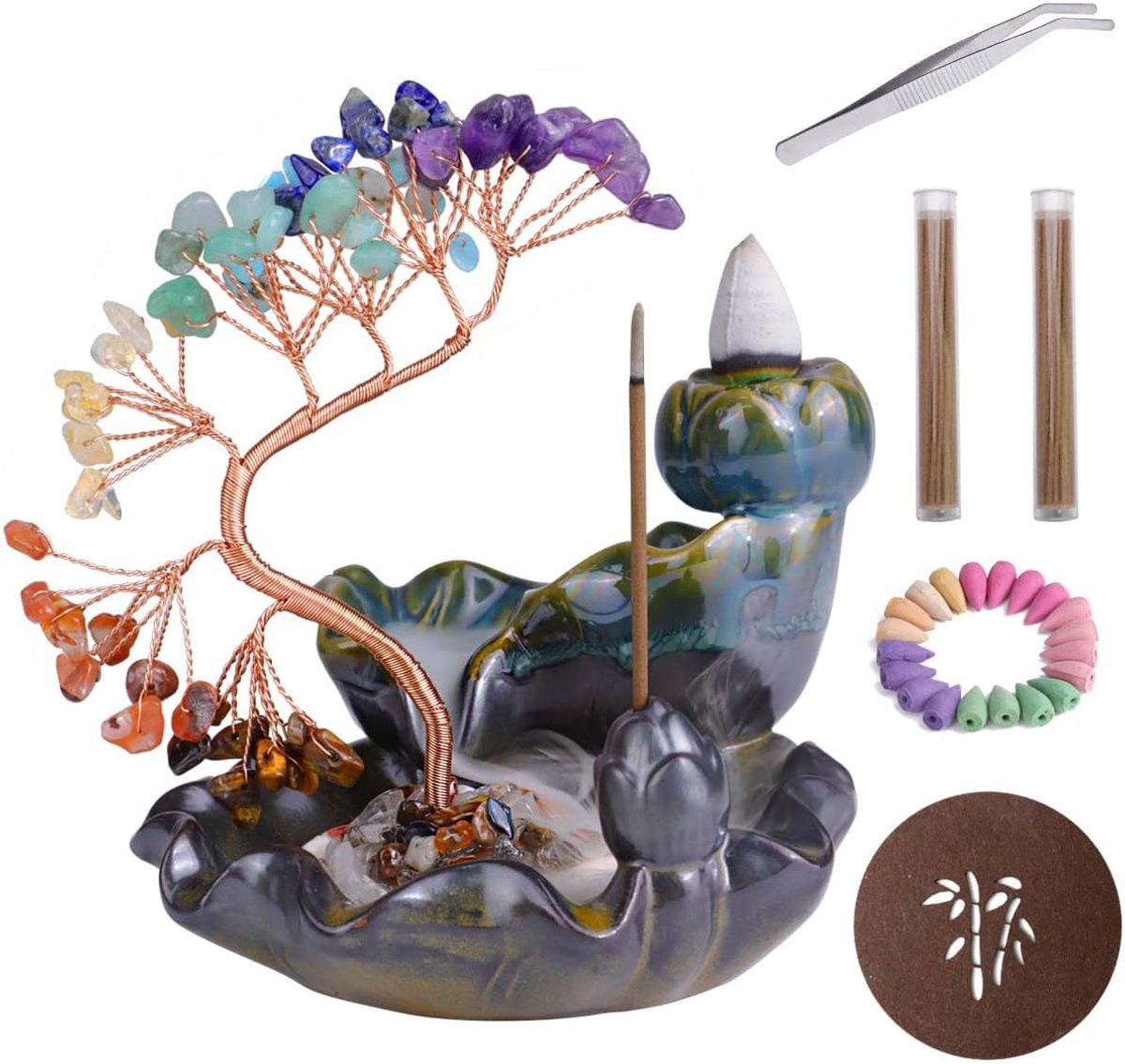 Waterfall Incense Burner, Counterflow Incense Holder with Crystal Tree, 7 Chakra Crystal Censer Incense Stick Stand - ShopVlot