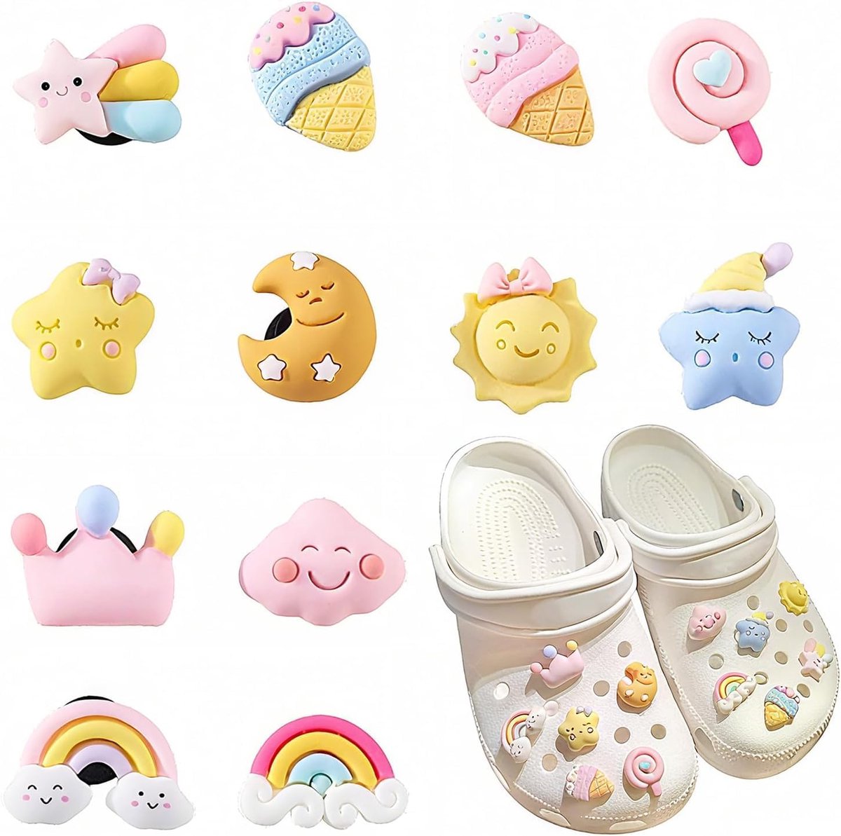 Bedels set van 12 sterren en maan pinnen PVC voor Crocs/clogs personalisatie cadeau voor meisjes/vrouwen/kinderen