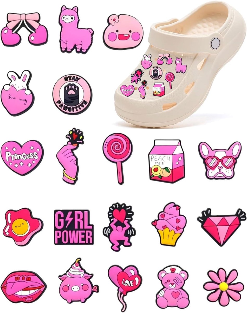 Bedels voor klompen, doe-het-zelf schoenbedels, schoenhangers, pinnen, schoenbloemen, roze schoenen, decoraties, voor Crocs Pins, pvc-schoendecoratie, accessoires voor kinderen