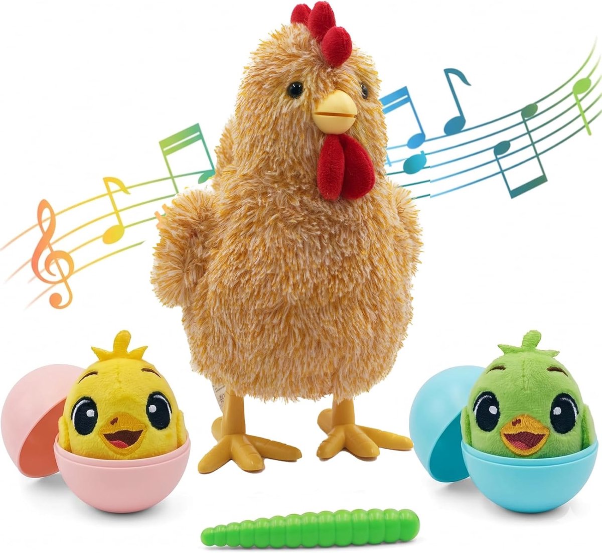 Interactief pluche mama-kip, gaat zingt en legt eieren, elektronisch boerderijdier voor peuters jaar, met kuiken en voederworm (geel)