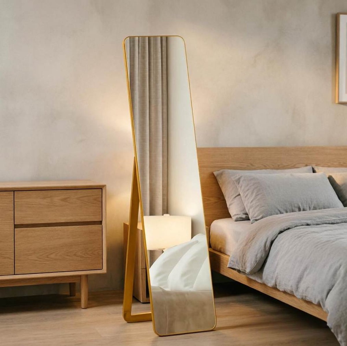 MIVRAY Staande Spiegel – Volledige Lengte – 37 x 43 x 156 cm – Hout MDF Glas – Licht Walnoot – Vrijstaand Of Wandmontage Licht walnootkleurig