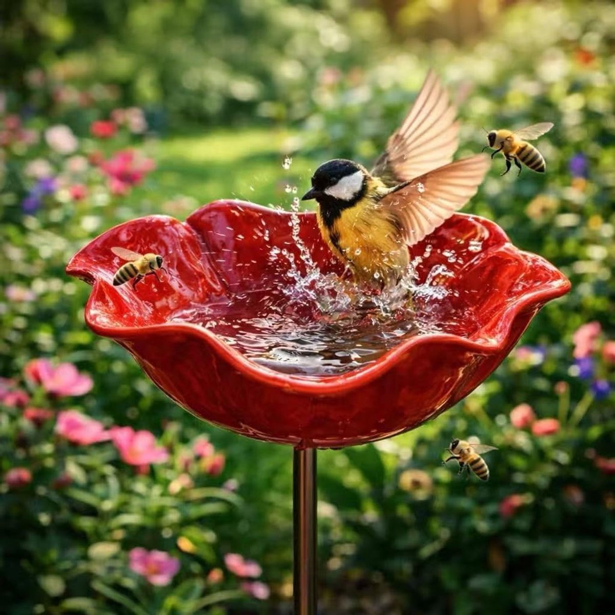 Tuinsteker, voederstation voor vogels, handgemaakt, bloemvorm, vogeldrinkbak, winterbestendig, insectendrinkbak, bijendrinkbak, tuinfiguren en tuinstandbeelden, tuindecoratie voor buiten (A)