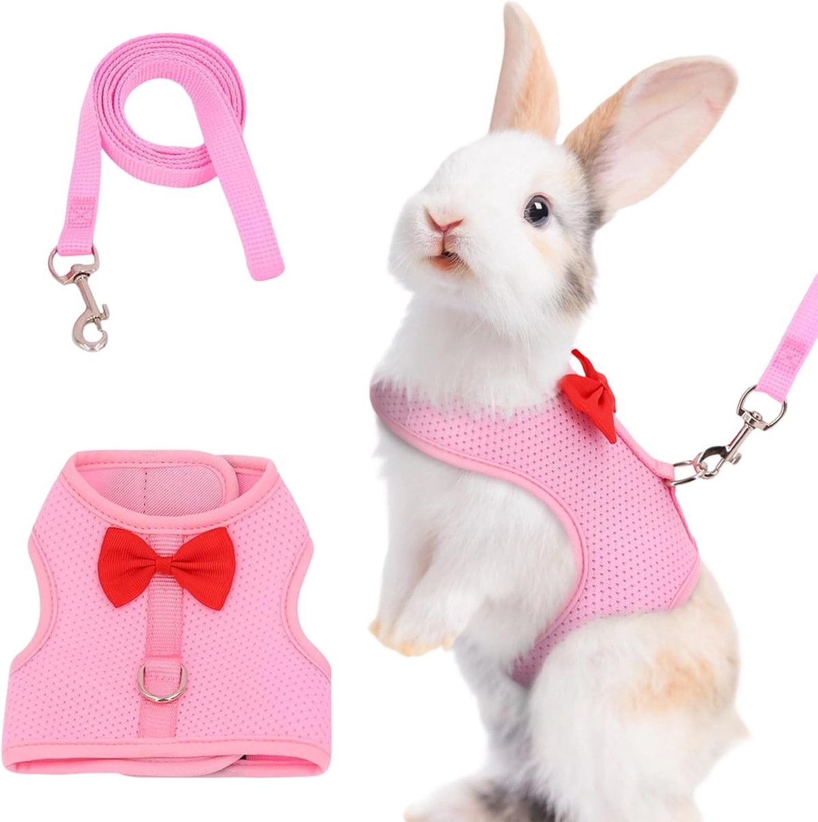 Lijn voor dwergkonijnen, harnas met riem, accessoires, konijnen, verstelbaar tuintuigje, dwergen, roze, M