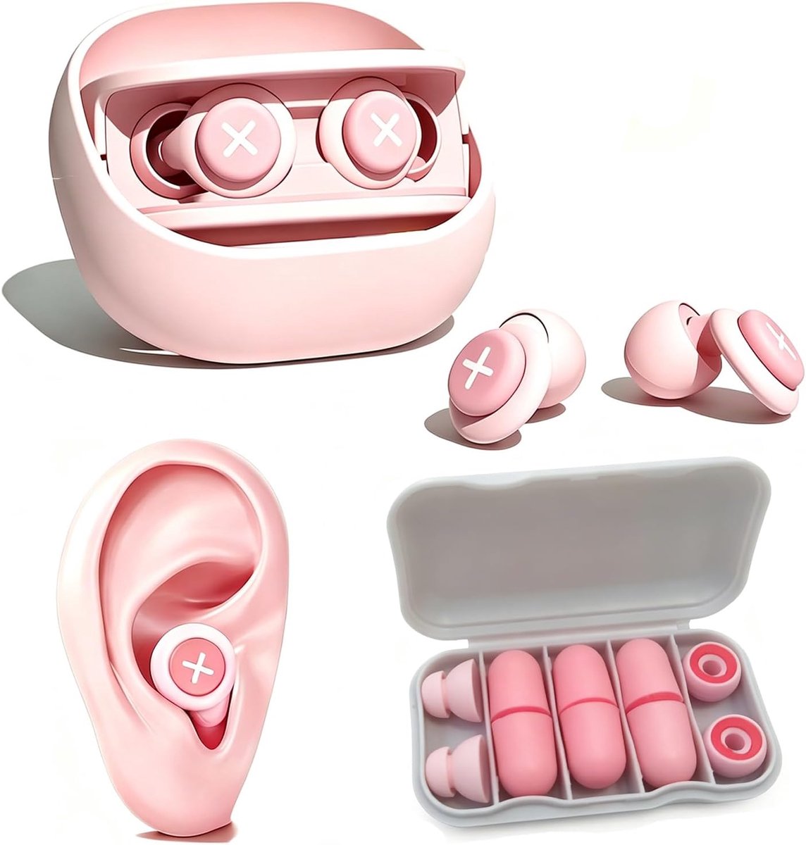 Ruisonderdrukking, slapen, herbruikbaar, ruisonderdrukking, gehoorbescherming voor / concentratie / concerten, met etui en 10 pads (roze)