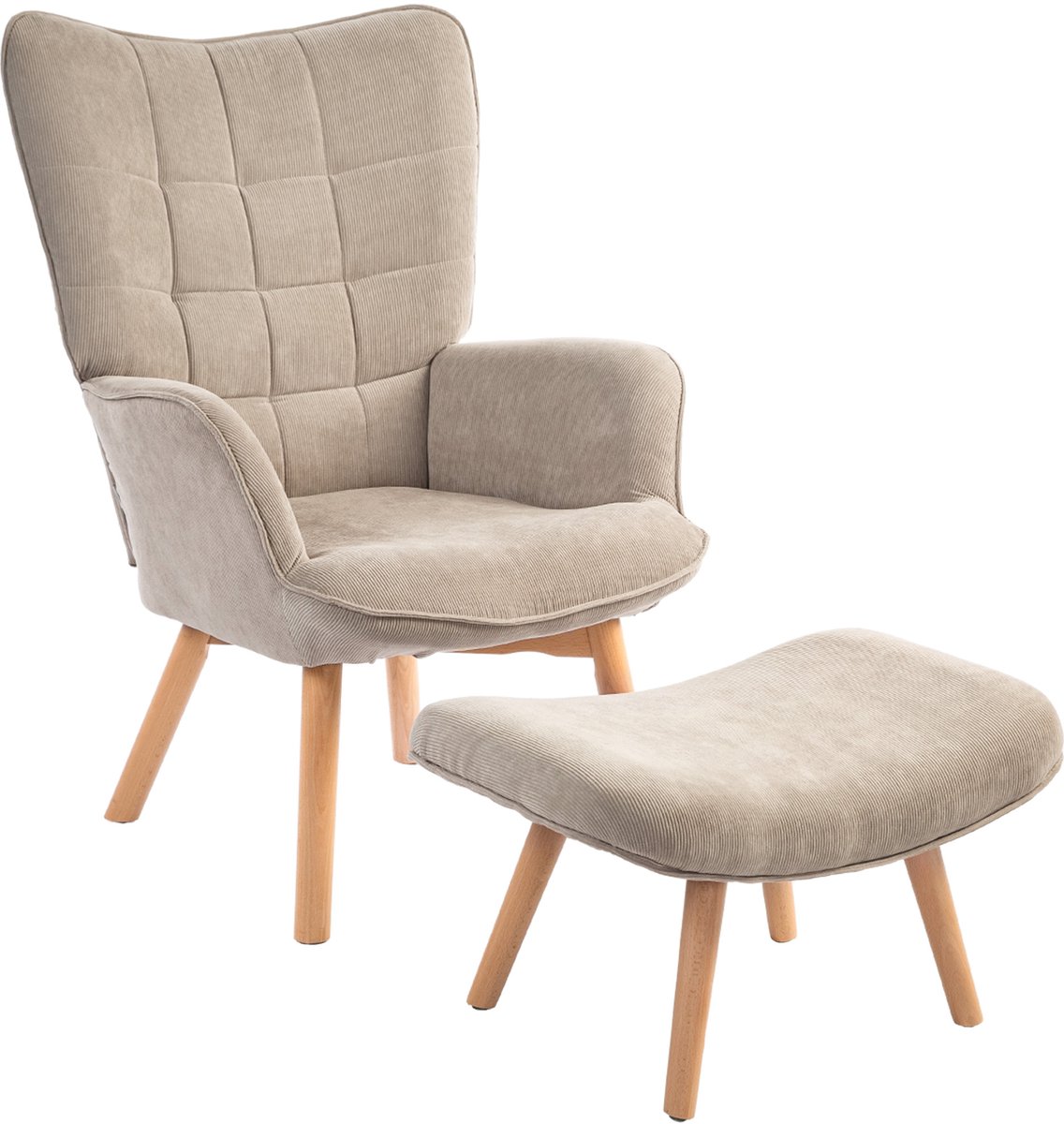 Homona Fauteuil met hocker - Gestoffeerd in cord-optiek - Met houten poten - 72 x 80 x 101 cm - Lichtbruin