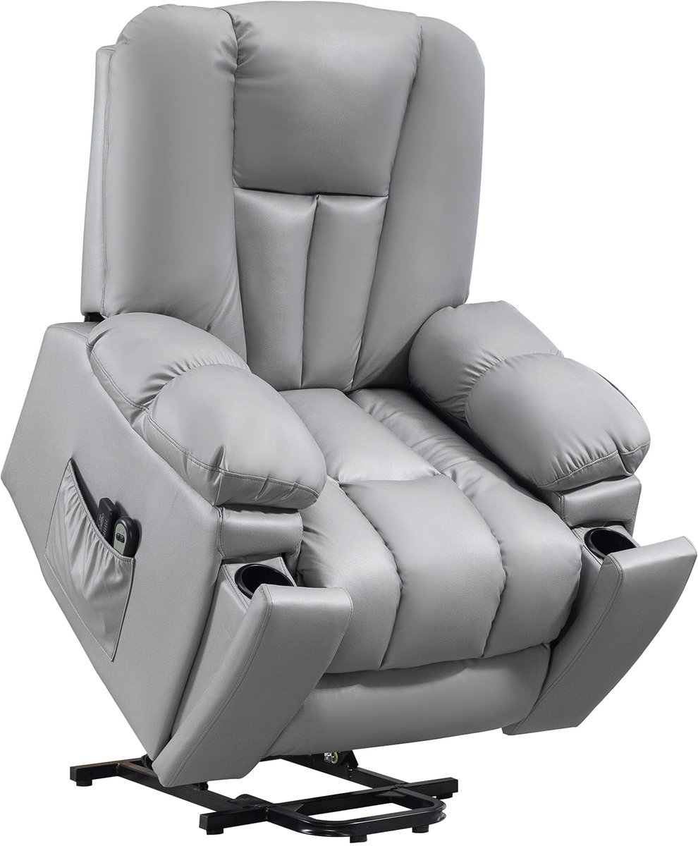 Homona Elektrische relaxfauteuil met sta-opfunctie en massage - Met 8 massagepunten, bekerhouders en zijvakken - 96 x 94 x 106 cm - Donkergrijs